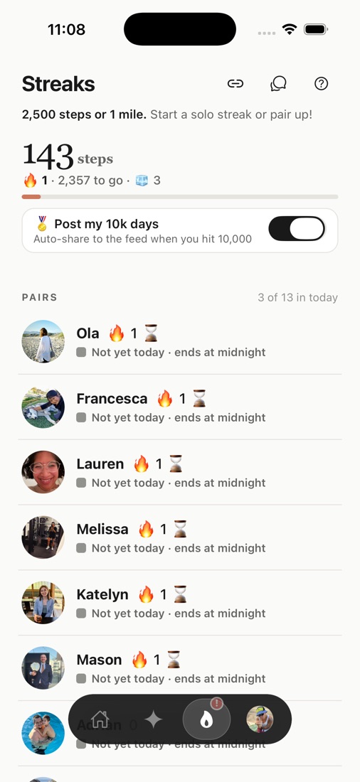 The Streaks page: today's steps and daily pair streaks with friends