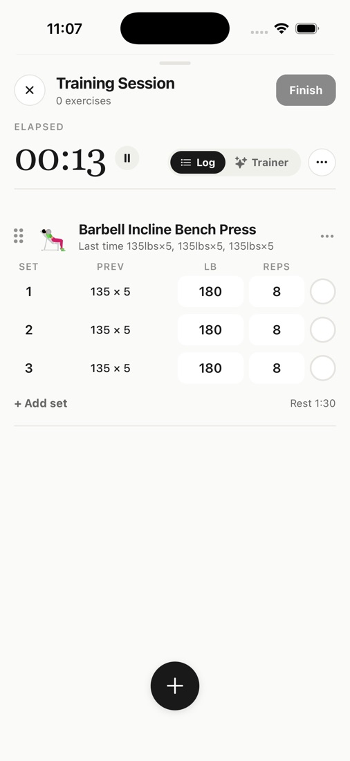 Logging barbell incline bench press, with last time's weights next to today's sets